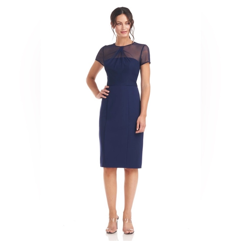 JS Collection Short Sleeve Illusion Cocktail Sheath Dress Navy Size 4 NWT $178